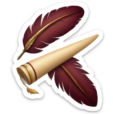 a maroon feather quill and an open SCROLL sticker