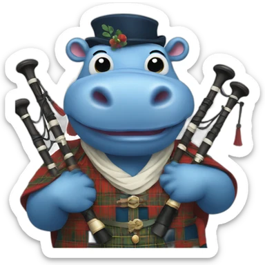 Blue hippo with bagpipes and traditional Scottish clothes sticker