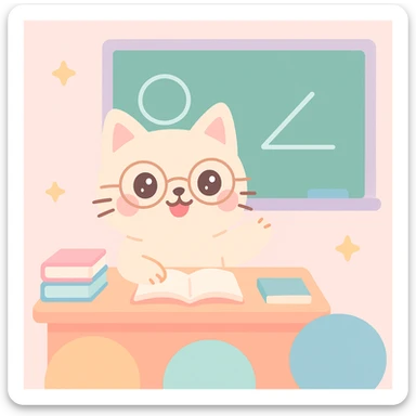 cat teacher sitting at a desk explaining to students, wearing glasses, classroom props visible, cute and charming style sticker