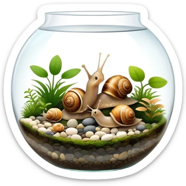 A collection of various snails and mollusks inside a small, lush terrarium with plants and moss. Some snails are crawling along the glass while others rest on pebbles. The scene is serene with soft lighting, showcasing the natural beauty of the mollusks. Transparent background. sticker