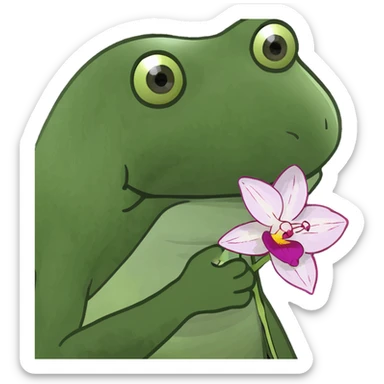 cat holding an orchid, green bufo frog meme style sticker