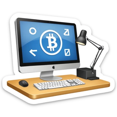 Mach mir einen schreibtisch mit einem bildschirm drauf wo mann einen Crypto chart sieht sticker