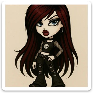 A Bratz-inspired character with long dark red emo hair, pale skin, blue eyes, heavy black eyeliner, and a bold, pretty attitude. sticker