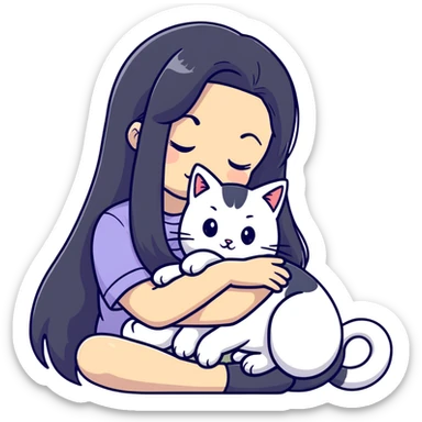 Beautiful girl with long black hair cuddling a gray and blonde cat sticker