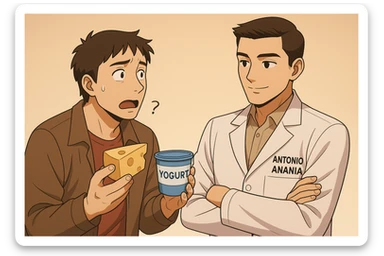 fai un webtoon manga a colori con questo stile, in cui un uomo fa una domanda al kinesiologo con il camice bianco (fagli anche la scritta "ANTONIO ANANIA" SUL CAMICE, l'uomo chiede una cosa mostrando un formaggio e uno yogurt al kinesiologo con il camice, IL KINESIOLOGO annuisce e SPIEGA ALL'UOMO UNA cos. L'UOMO ha un ESPRESSIONE CONFUSA IN VOLTO. non fare i fumetti però, fai solo in modo che sembri stiano parlando sticker