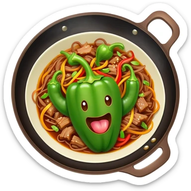 Green Pepper with Shredded Pork in wok, simplified emoji style with bold outlines and bright colors, cartoon style Qing Jiao Rou Si homestyle dish sticker