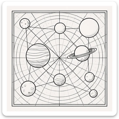 a design for an decorative black and white map, showing linework of galactic planets and a galactic ley lines. matrix map. black linework. neat and minimal design

 sticker
