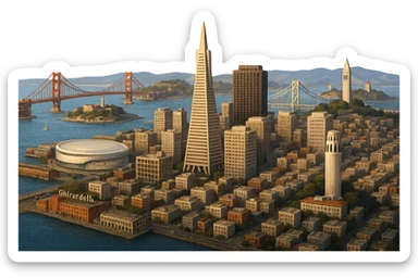 cinematic realistic emoji of San Francisco, wide city view featuring Golden Gate Bridge, Transamerica Pyramid, Chase Center, The Embarcadero, Ghirardelli Square, Alcatraz Island, Bay Bridge, Coit Tower, UC Berkeley belltower and Stanford Hoover Tower in the distance, lifelike detail, accurate colors, bright daytime lighting, no sky, no clouds, no city name label, transparent background sticker