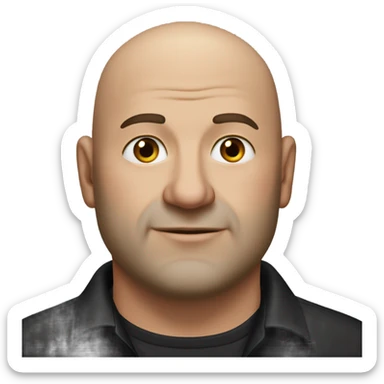 A slightly overweight middle-aged Italian man with olive-toned skin with bald hair and no facial hair. He is wearing a sleek black smart shirt, casually unbuttoned at the top. sticker