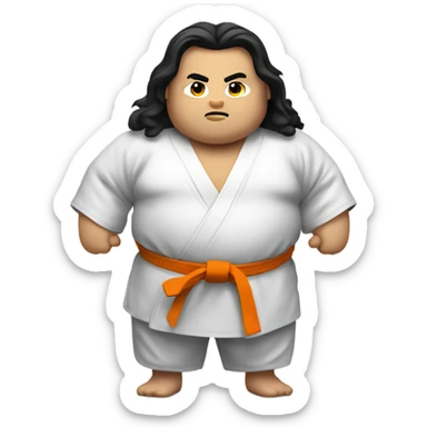 Fat boy with long hair in a karate gee sticker