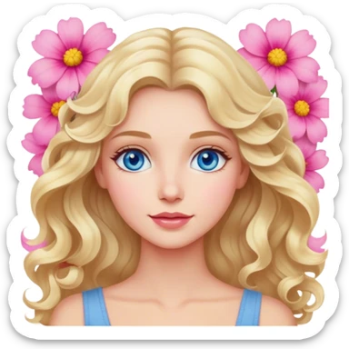 Blonde blue eyed women with wavy hair pink flower background sticker