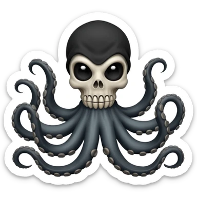 satanic octopus skeleton with scary evil eyes, wearing a black balaclava. 2 tentacles are each holding a skeleton bone sticker