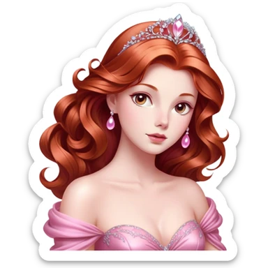 Cinematic Majestic Sleeping Beauty Portrait Emoji, rendered in a clean, vector-style with bold, simplified shapes. Show Aurora with a serene, noble expression, luminous porcelain skin, and elegantly flowing auburn hair, dressed in an opulent pink ball gown. The design radiates a majestic, enchanted glow with high shine and a soft glowing outline, embodying classic royal elegance. sticker