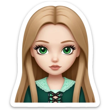 pretty bratz girl, long straight light brown hair, jade green eyes, black eyeliner, pale skin, dark feminine clothes with laces sticker