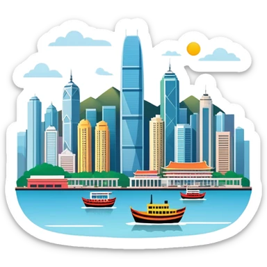 Hong Kong Victoria Harbor skyline, simplified emoji style with bold outlines and bright colors, cartoon style city view with tall buildings sticker