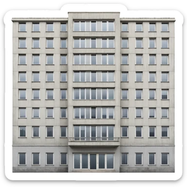 Soviet-era panel apartment building with rows of identical windows, gray concrete facade, flat roof, typical Russian multi-story residential building sticker