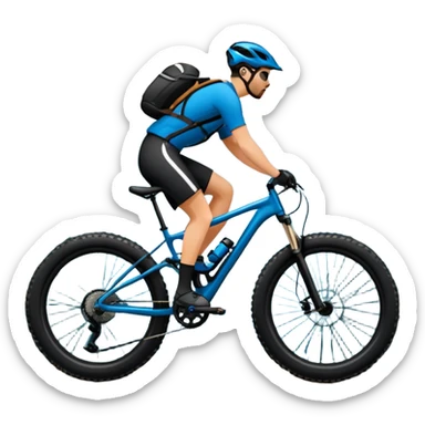 An icon featuring a mountain bike with wide tires, positioned on a forest trail or rocky mountain road. The background shows dense trees, steep slopes, and distant peaks under a clear blue sky. Transparent background highlights the thrill and rugged beauty of mountain biking. sticker