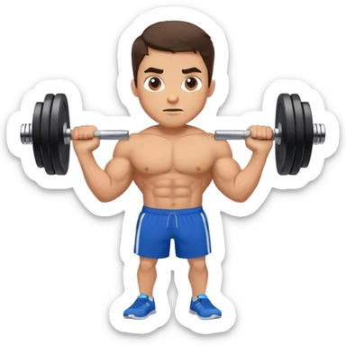 brunette buff man with blue shorts dumbbell-shrugs sticker