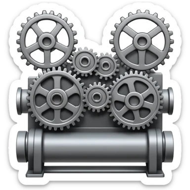 greyscale emoji-style card back, intricate interconnected machine, gears belts pipes working together seamless functional design, black white grey only sticker