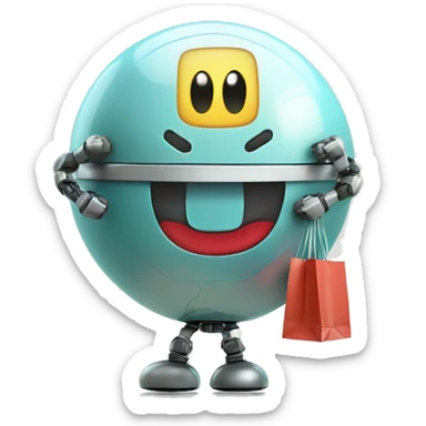 cute sphere shaped floating happy robot with shopping bags sticker