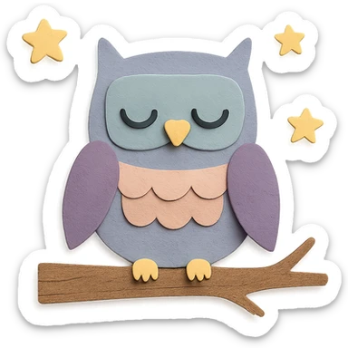 sleepy owl on a tree branch with stars, muted night palette, soft pastel colors, transparent background, paper craft style sticker