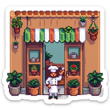 Italian restaurant with a chef waving at the door, potted plants outside in pixel art style sticker