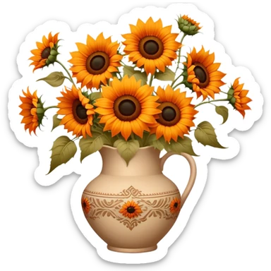 bouquet of bright orange sunflowers in a beige aesthetic vase in vintage style with beautiful ornaments of brown color sticker