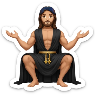 fullbody jesus christ jacked, sleeveless black robe sitting hands down sticker