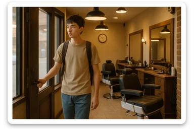 Sartaroshxonaga kirib kelayotgan o'smirin bola sartaroshxona eski ham emas yangi ham emas sticker