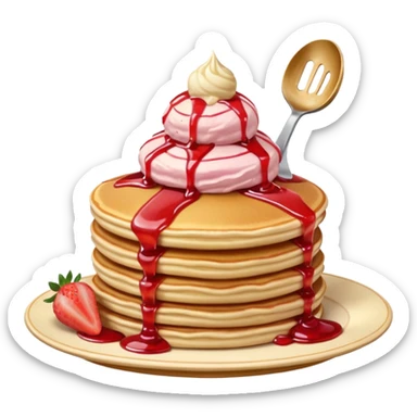 a stack of pancakes with strawberry ice cream sticker