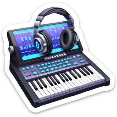 Create a sleek and professional emoji that represents sound design equipment. The design should feature a sound mixing console with faders, a synthesizer, and studio headphones to symbolize the tools used in sound design. Add waves of musical notes surrounding the equipment to represent the dynamic nature of sound creation and manipulation. Use colors like neon blue, purple, silver, and black to convey a modern, creative, and technical vibe. The background should be transparent. sticker