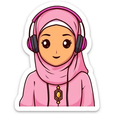 Hijabi girl, brownskin, dark brown eyes, wearing pink, wearing gold jewelry, wearing headphones sticker