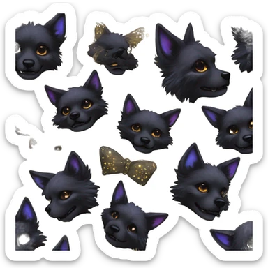 Black iridescent fluffy dog fox head zombie skeleton gold mechanical nebula galaxy stars flowers fairy lights vintage sticker