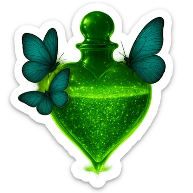 Transform the referenced image into a beautiful, realistic 3D heart-shaped bottle with a luxurious, neon green glittering liquid inside. The bottle should have a strong glowing aura, two butterflies sitting naturally on the bottle, and magical sparkling dust around it. The style must be impressive, elegant, and photorealistic. The background should be transparent (PNG). sticker