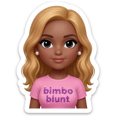 doll body , dark brown eyebrows, dark skin girl, pearl earrings stud, Long giant lashes, bimbo, black doll eyes, barbie, dark brown skin, with honey blonde hair, big breast, pink t shirt says on the sparkling text “bimbo blunt” sticker