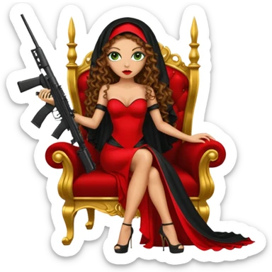 Drug dealer female green eyes symbol.  hair is brown curly long hair. sexy long with long red and black dress and mouth veil cover on that covers her mouth and neck only. black stiletto platform high heels shoes on. Holding sniper rifle sitting on a gold throne. sticker