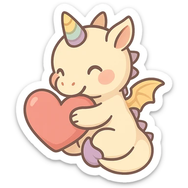 mythical emote showing care and affection, warm and friendly, small dragon or unicorn giving a hug or holding a heart, magical vibe, suitable for sending to a friend sticker