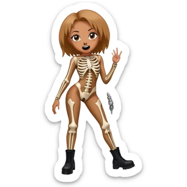 Melanie Brown wearing a tight skeleton bodysuit and black combat boots, showing her tongue ring sticker