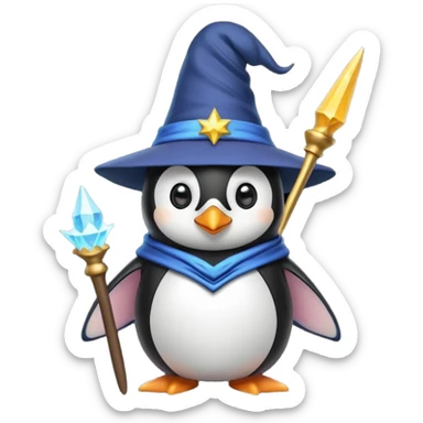 A penguin wizard with a pointy hat and a magic wand sticker