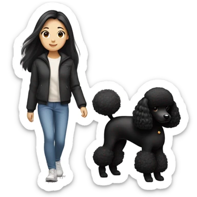 One Korean girl with black long straight hair with one black poodle is walking. sticker