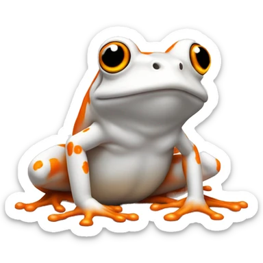 an orange frog with a white mark on its fur. the white mark should be in the shape of a flame, but there's no flame involved in the photo itself, just the shape of the fur sticker