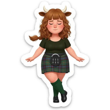 buff curly woman with frecles with light brown messy hair with straight bangs covering her eyes with brown cow tail with strong fat thights with cow horns and cow brown ears with big butt in a short scottish kilt and with knee socks and shoes stands with crossed legs sticker