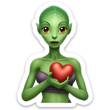 a Reptilian alien woman full body, holding big red heart sticker