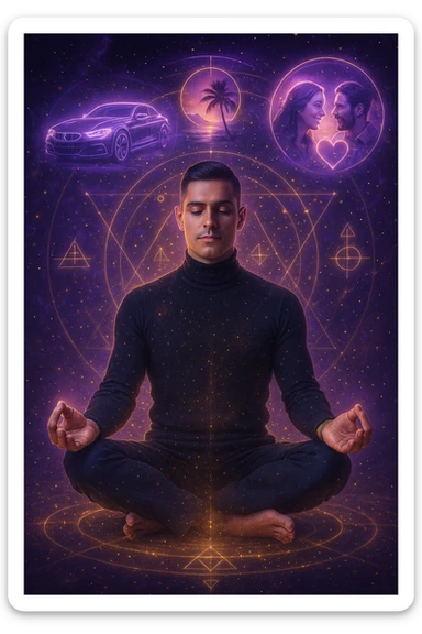 "Un uomo in meditazione fluttuante nello spazio cosmico, circondato da particelle dorate e simboli alchemici. Intorno a lui, oggetti e situazioni dei suoi desideri (auto, viaggi, amore) si materializzano come ologrammi luminosi. Stile cyber-mistico, colori viola e oro." sticker