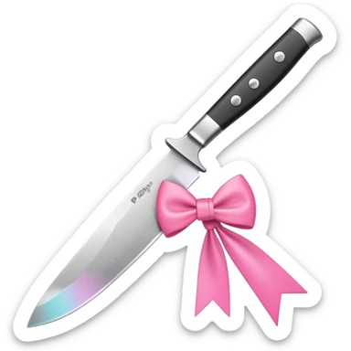 Kitchen knife with a pink bow tied around the handle, emoji style, simple, flat vector, white background, only one object sticker