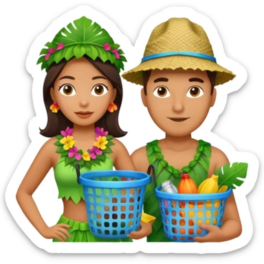 Hawaiian woman man with leaf hat and big trash net and colorful cloth sticker