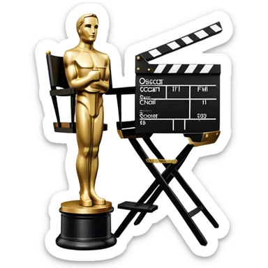 Professional icon for Directing: a collage featuring an Oscar statuette, a film script, a director's chair and a film slate. The icon should represent the excellence and artistry of directing, with a focus on cinematic achievement. Transparent background. sticker