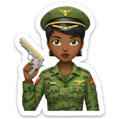 Dark skin Woman marine in green cammies with one handgun short black hair sticker