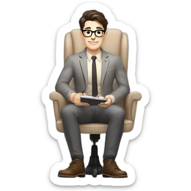 Pale skinned Fit Man With dark brown hair in gray jacket, beige office shirt and vintage glasses sitting In a soft chair with a notebook with emblem Ψ and a pen in his hands sticker