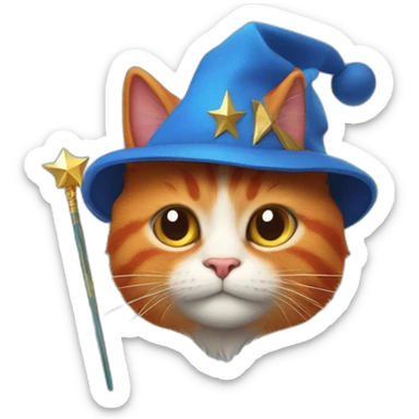 Red cat in a blue triangular cap and with a magic wand sticker